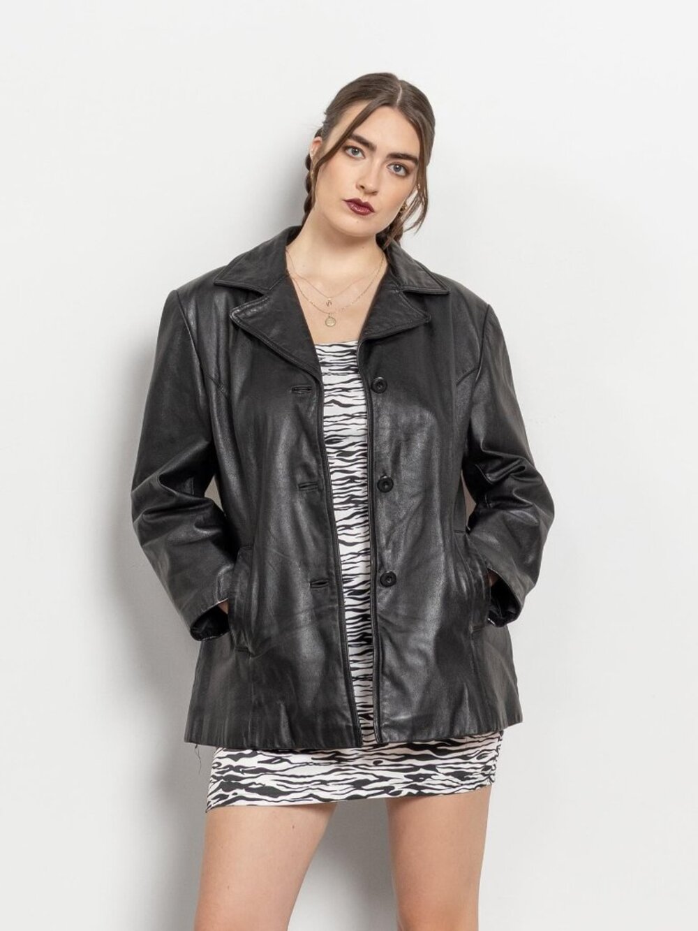 BLACK LEATHER JACKET Vintage 90's Trench / Large Extra Large